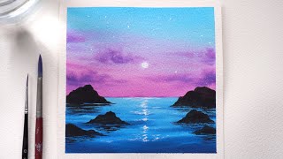 Watercolor Painting Tutorial | Moonlight Scenery | Easy Watercolor Painting for Beginners