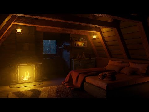 Cozy Winter Attic for Sleep Better with Snowfall and Fireplace