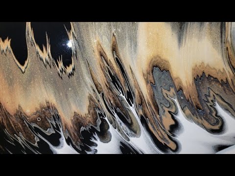 12x24 Traveling paint kiss acrylic pour using black, white and gold / acrylic pouring for beginners