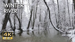 4K HDR Winter River - Snowy Forest Stream - Flowing Water &amp; Snowfall - Sounds for Sleep &amp; Relaxation