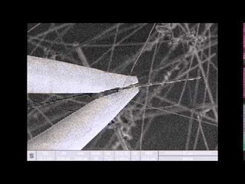 Blick durchs Rasterelektronenmikroskop auf einen Silizumkarbid-Nanodraht