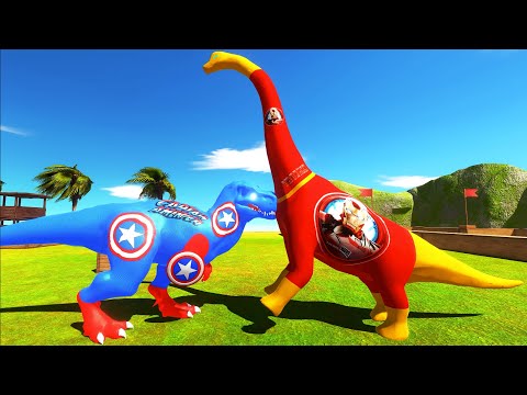 CAPTAIN AMERICA T-REX vs IRON MAN BRACHIOSAURUS JUNGLE DEATH RUN - Animal Revolt Battle Simulator