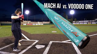 Video thumbnail: Hitting with the 2024 RAWLINGS MACH AI (vs. DeMarini Voodoo One) | BBCOR Baseball Bat Review