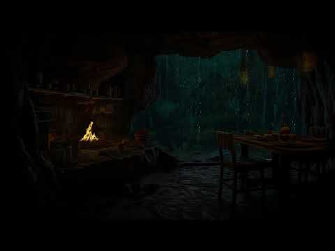 Campfires & 10 Hours of Night in a Cave in Rainy Desert | Thunder & Rain Sounds