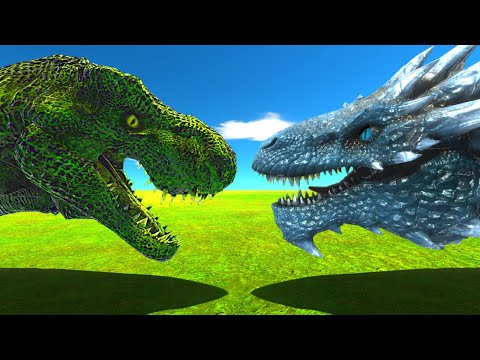Baby Ice Dragon vs Giant Dinosaurs, T-REX and Spinosaurus - Animal Revolt Battle Simulator