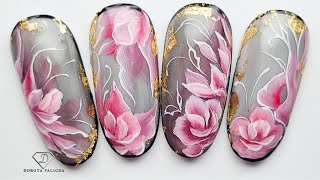 Tulle night flowers nail art. Moody abstract floral nail design using angular nail art brush.
