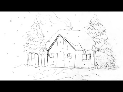 Desen in creion cu peisaj de iarna cu brazi si casuta | Winter landscape pencil drawing tree & house