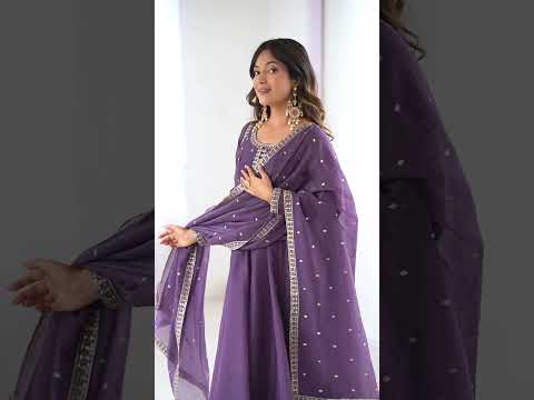 Purple Heavy Pure Crunchy Silk Embroidered Anarkali Gown Set with 4-Meter Flair & Fancy Dupatta