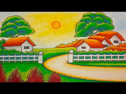 How to draw a village house scenery with colour | Landscape village scenery drawing with oil pastel