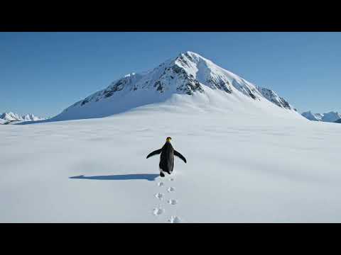 A penguin walks away from the camera, towards a large snowy mountaintop in the distance