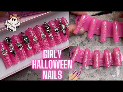 PINK XL Cowgirl Halloween Nails 🤠💘 Press on nails for beginners tutorial! Diy nails for beginners