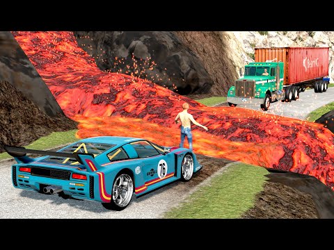 Cars vs Lava Crosses Road - Big Wheels vs Lava River | Trucks vs Giant Crater 😱 BeamNG.Drive Fun