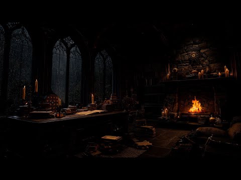 Ancient Library Room - Relaxing Thunder & Rain Sounds, Crackling Fireplace for Sleeping for Study
