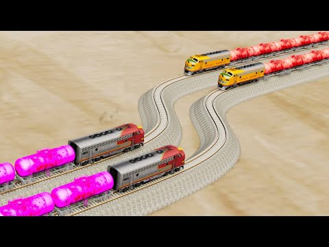 Impossible Four Sharp Turn Overlapping Rail Tracks Vs Trains Crossing - BeamNG.Drive