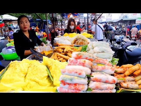 Best Street Food! Yellow Pancake, Spring Roll, Fried Noodles, Papaya Salad - Cambodia Street Food