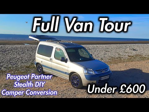 CHEAP DIY STEALTH Micro Camper Conversion FULL TOUR Peugeot Partner Sleeps 2 with Solar Electrics