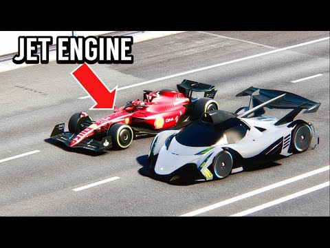 Devel Sixteen GTR vs Ferrari F1 2022 with JET ENGINE at Drag Race 20 KM