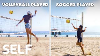 Soccer Players Try To Keep Up With Beach Volleyball Pros | SELF