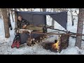 Winter Camping in Raised Bushcraft Shelter - Level 100 Campfire Cooking