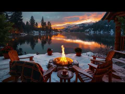 Cozy Ambience on Winter with Crackling Fire by The Lake Scene and Nature Sounds to Relaxing