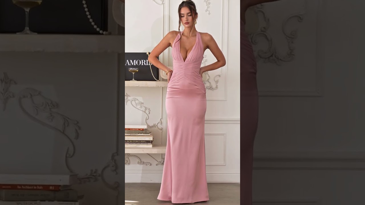 Dusty Rose Satin & Chiffon Prom Dress ✨ Halter Formal Gown for Weddings & Bridesmaids | Amoris T720