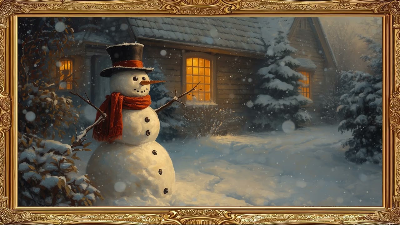 Vintage Christmas Snowman Gold Frame TV Art Screensaver | 2 Hours 4K — 4K ambient art screensaver in baroque gold frame