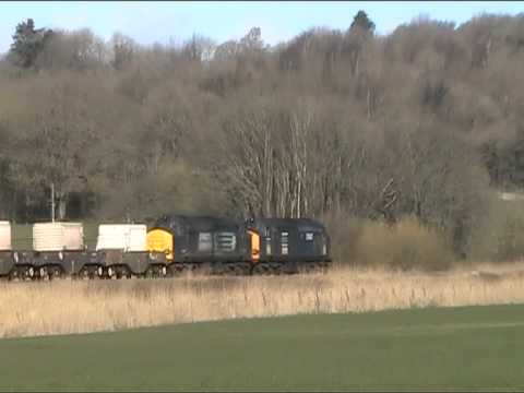 DRS Class 37's 37607 & 37611 at Silverdale with Sellafield flasks, Friday 18th March 2011