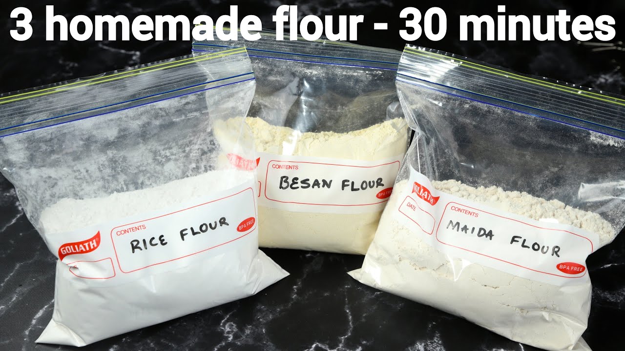 how to make rice flour, besan flour, maida (plain flour) at home | basic indian flour recipes