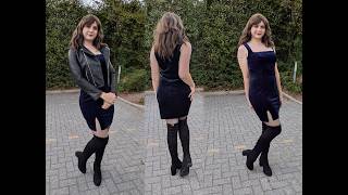 Crossdresser Wearing Velvety Purple Dress