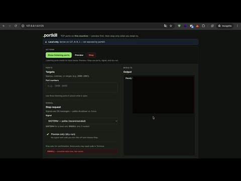portkill --gui: local web UI walkthrough