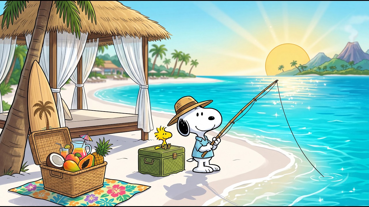 Snoopy's Tropical Island Fishing Retreat 🏝️☀️ Relaxing Beach Jazz & Ocean Breeze Ambience