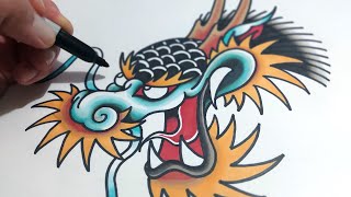 How To Draw a Traditional Dragon Head TATTOO STYLE!!!