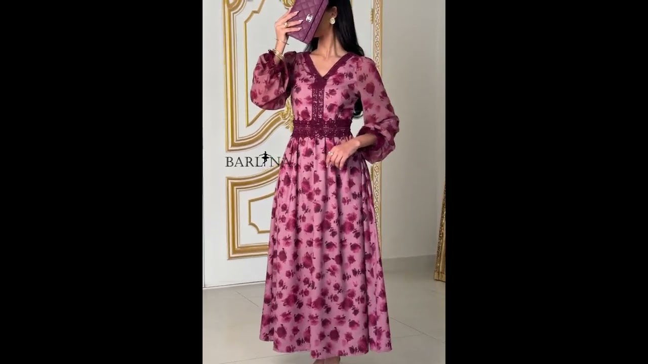 A mauve dress with a floral print and crochet details - XL