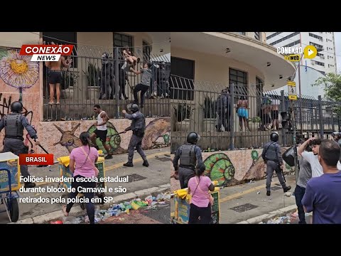 Vídeo: Foliões invadem escola estadual durante bloco de Carnaval e são retirados pela polícia em SP.