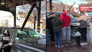 Wood from elevated subway platform crashes into car, and no one got hurt!
