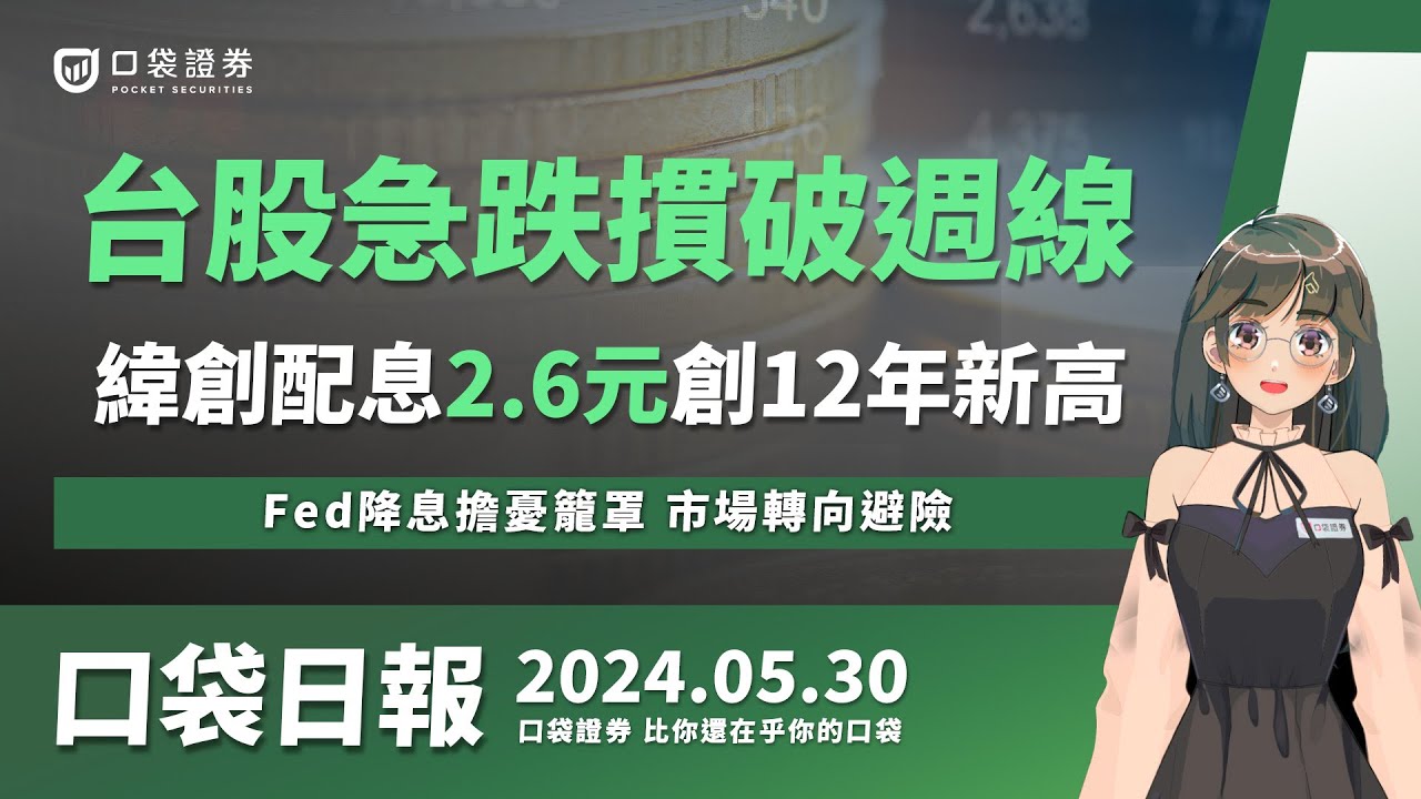 【口袋日報】緯創配息2.6元創12年新高!台股急跌摜破週線,Fed降息擔憂籠罩,市場轉向避險!2024.05.30