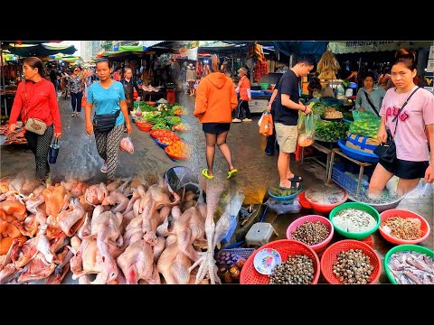 Morning View of Chbar Ampov Market. Pork, Fish and Vegetables, Chicken. Fish Market