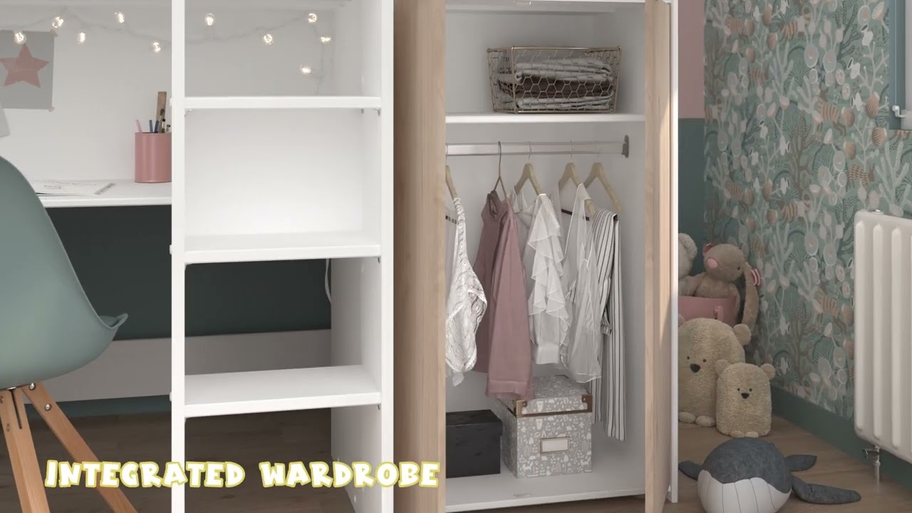 Family Window Tom Low-High Sleeper Bed with Wardrobe, Drawers & Desk Below