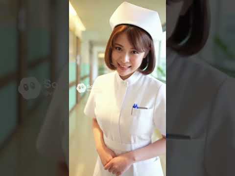 白いナース服を着た茶髪の女の子がこちらを見て優しく微笑んでいる