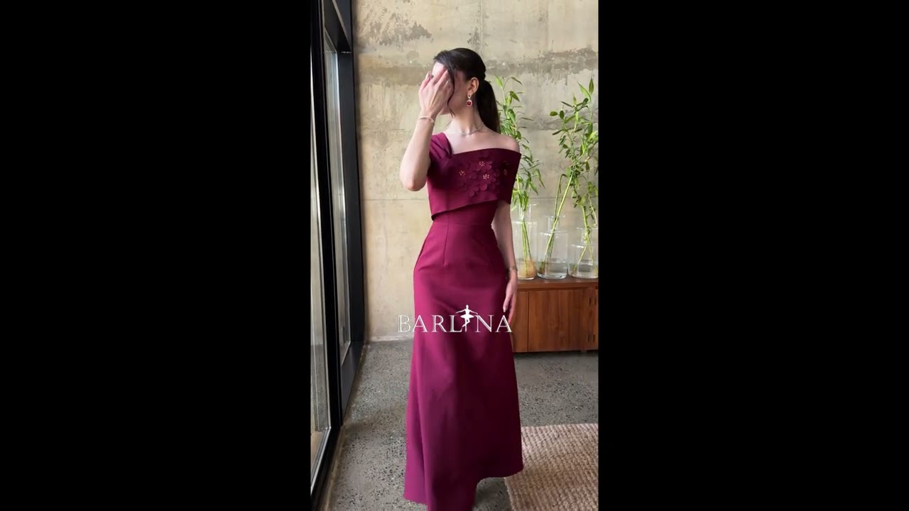 Long burgundy gown with a one-shoulder draped design - XXL