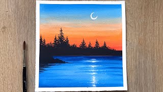 Watercolor Painting | Lake with Moonlight | Watercolor Painting Tutorial for Beginners STEP by STEP