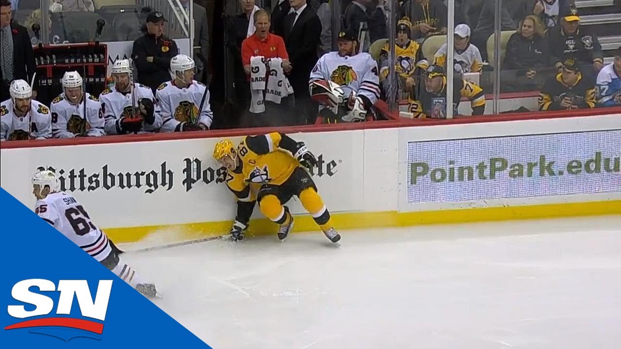 <h1 class=title>Sidney Crosby Exits Game After Falling Into Boards And Blocking Shot</h1>