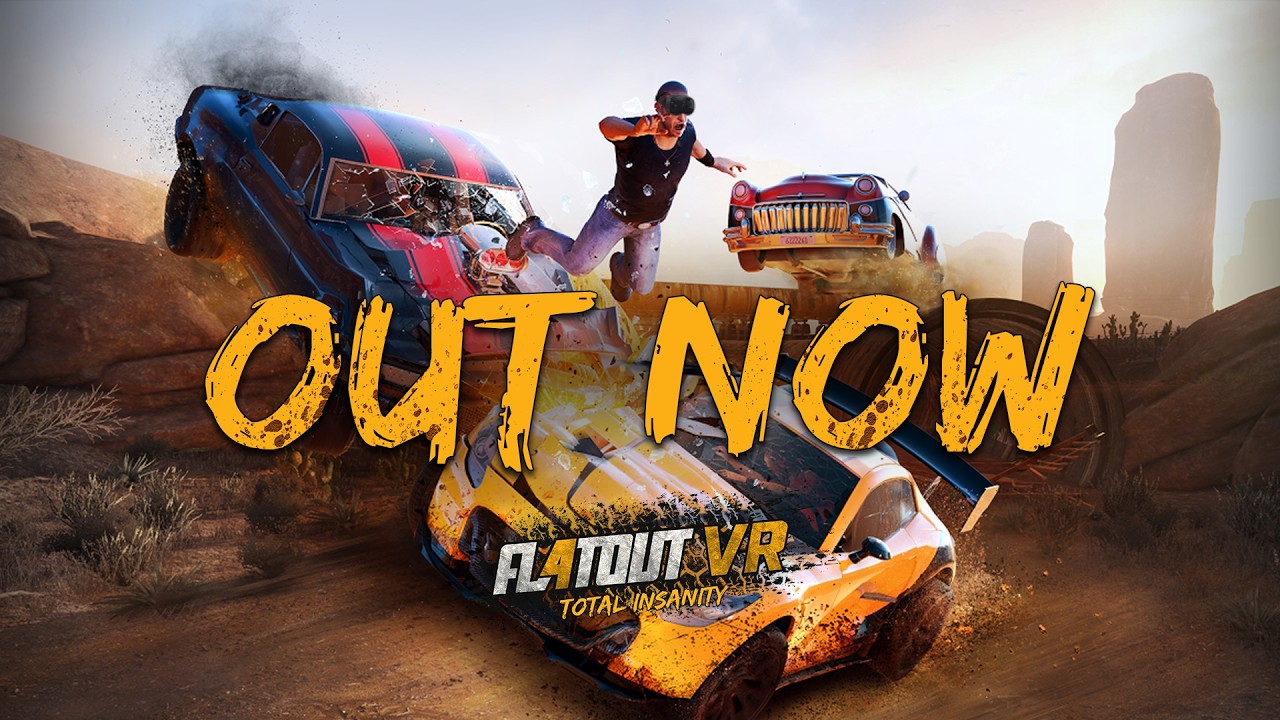 FlatOut 4: Total Insanity VR Early Access launch trailer screenshot showing a car mid-crash on a debris-filled track