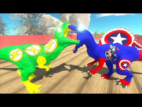 FLASH T-REX VS HULK GORO VS CAPTAIN AMERICA SPINO DEATH RUN - Animal Revolt Battle Simulator