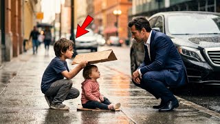 MILIONÁRIO VIU MENINO PROTEGENDO A IRMÃ DA CHUVA COM PAPELÃO NA RUA… E TOMOU UMA ATITUDE INESPERADA