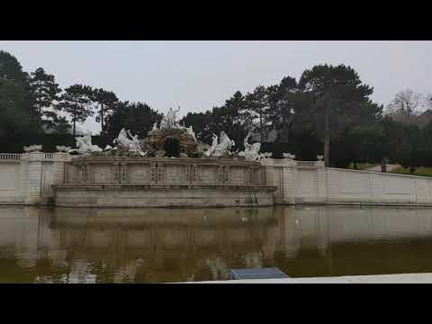 Park Garten Rundgang Neptun Brunnen Schloss Schönbrunn in Wien Herbst Spaziergang im dichten Nebel