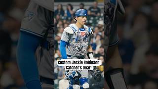 Brandon Valenzuela has a custom chest protector for Jackie Robinson Day! #MLB #BlueJays
