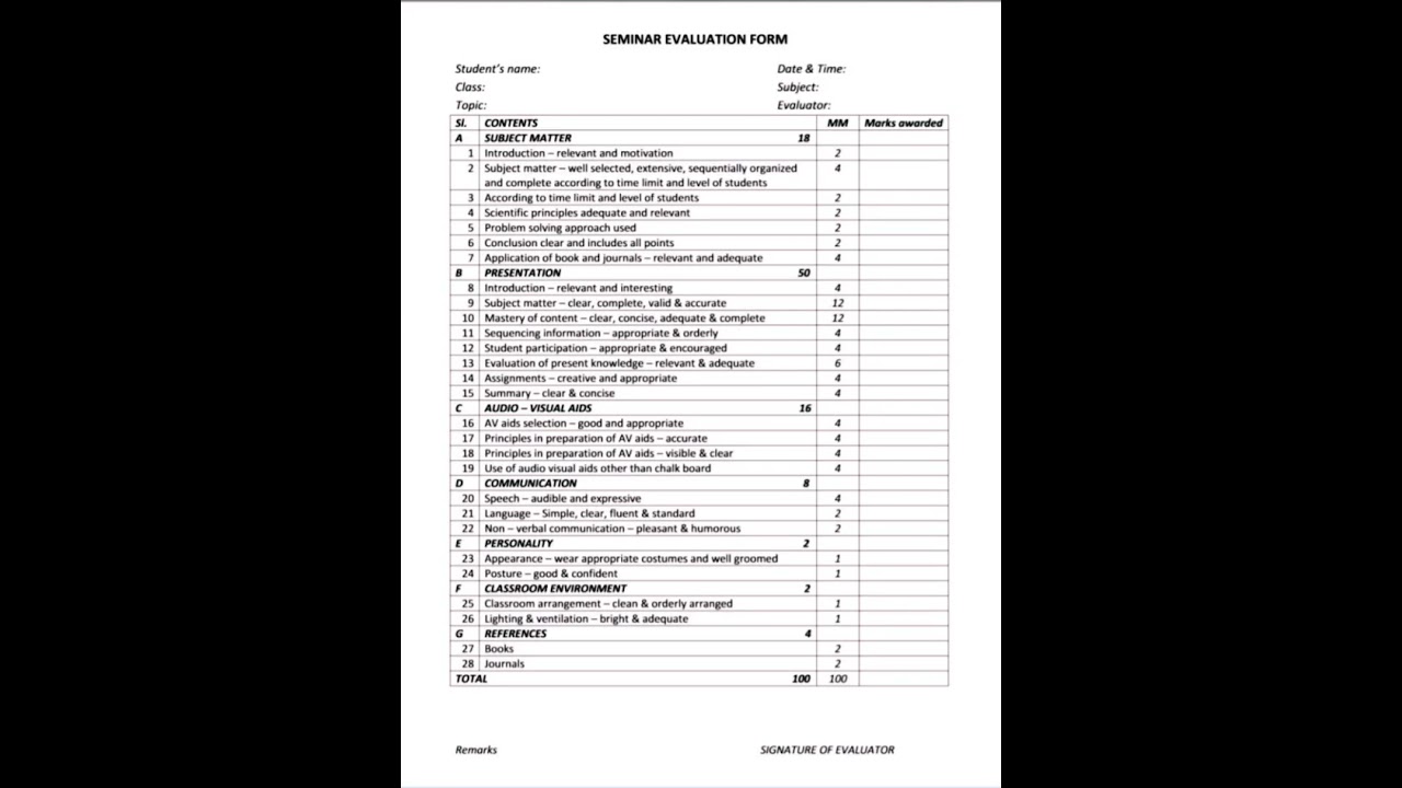 Seminar Evaluation form.