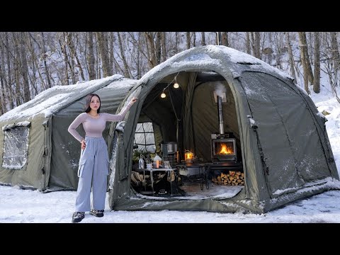 Camping solo tout confort dans une grande tente gonflable 2 pièces ❄️ Camping sous la neige