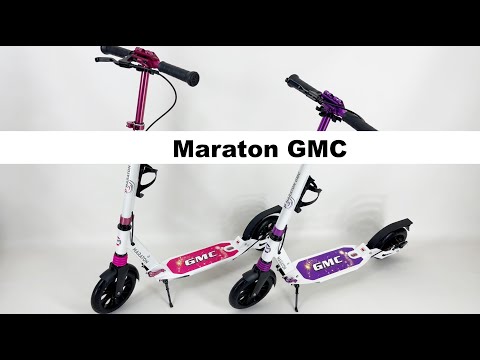 Самокат Maraton GMC с дисковым тормозом и амортизаторами розовый + ремень для переноски - фото 1 - id-p1232849331